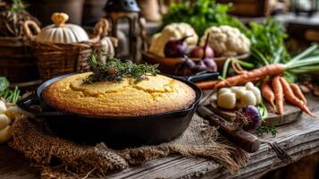Golden Cornbread in Cast Iron Skillet with Autumn Vegetables photo