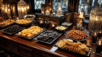 Elegant Dark Buffet Table with Snacks and Candles photo