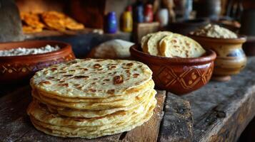 Warm Yellow Corn Tortillas on Rustic Wooden Table photo