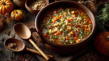 Autumn Barley Vegetable Soup in Rustic Bowl photo