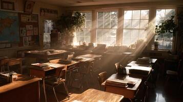 Sunlit Empty Classroom with Wooden Desks photo