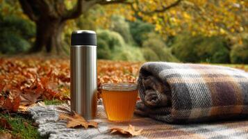 Autumnal Park Picnic Warm Tea, Cozy Blanket and Golden Leaves photo