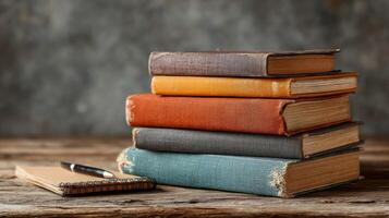 Stack of Vintage Books and Notepad on Wooden Table photo
