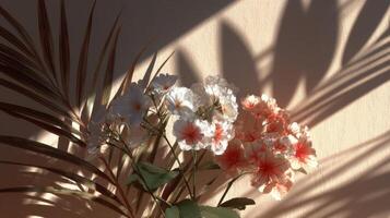 White and Peach Flowers with Palm Leaf and Shadows on Beige Wall photo