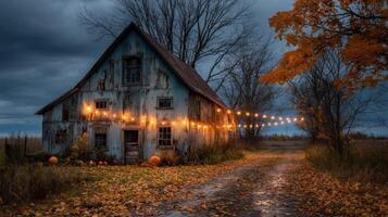 Rustic Barn with String Lights at Dusk photo