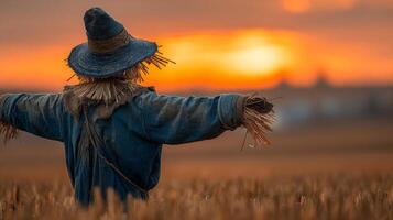 Silhouette of Scarecrow in Wheat Field at Sunset photo