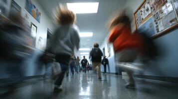 Blurred Motion of Children Running in School Hallway photo