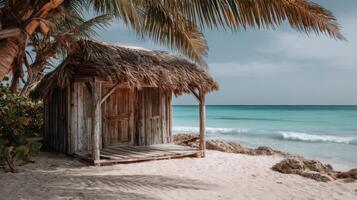Rustic Wooden Beach Hut Under Palm Trees photo