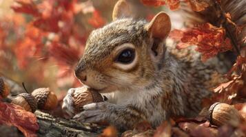 Closeup of an Adorable Squirrel Eating an Acorn Among Autumn Leaves photo