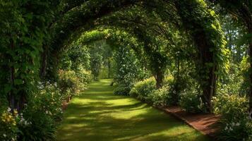 Sunlit Green Garden Path with Lush Foliage photo