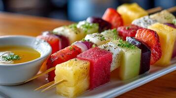 Colorful Fruit Skewers with Honey Mustard Dip photo