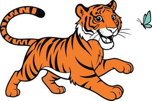 A cartoon tiger running with a butterfly vector
