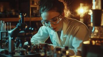 Young woman scientist in vintage laboratory conducting an exciting chemistry experiment photo