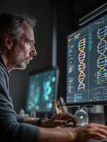 Professional coding environment showcasing genome sequencing on a transparent display photo