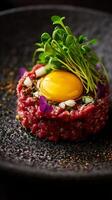 Exquisite Quail Egg Yolk atop Rich Wagyu Tartare Presentation photo