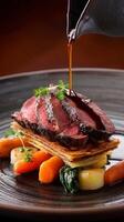 Exquisite Slow-Roasted Venison Loin with Juniper Jus and Root Vegetables photo