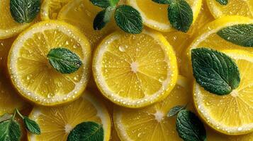 Freshly Sliced Circular Lemons with Glossy Mint Leaves on Display photo