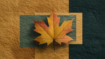 Vibrant Maple Leaf Displayed on Textured Ochre and Forest Green Background photo
