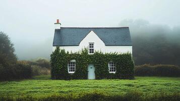 Enchanted White Cottage Surrounded by Dense Vegetation in Misty Landscape photo