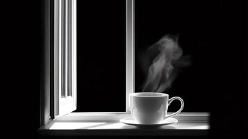 Inviting White Cup of Coffee with Gentle Steam Floating by Sunlit Window photo