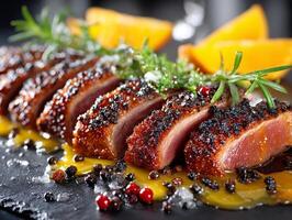 Elegant Presentation of Duck Breast with Orange Sauce and Peppercorns photo
