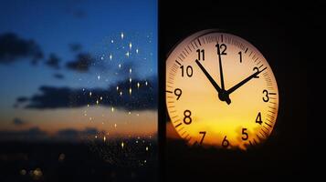 Split View Concept of Daylight Saving Time with Clock Face photo