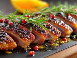 Gourmet Low Angle Shot of Succulent Duck Breast and Citrus Glaze photo