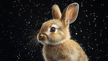 Playful Bunny Rabbit Enveloped in Shimmering Particles Against Dark Backdrop photo