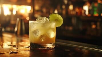 Refreshing Caipirinha Cocktail Garnished with Lime and Ice on a Rustic Bar photo