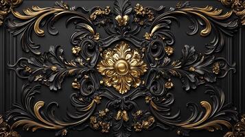 Ornate Black and Gold Ceiling Decoration Showcasing Intricate Baroque Patterns photo