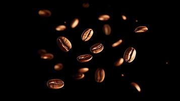 flying coffee beans swirling in mid-air against a dark background photo