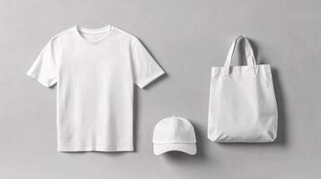 Blank White T-Shirt Mockup with Cap and Tote Bag on Grey Background photo