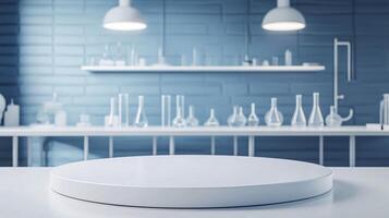 Laboratory Scene Featuring Blank Podium and Various Experiment Flasks photo