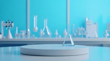 Empty Podium in a Science Lab Surrounded by Vibrant Experimentation Flasks photo