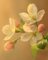 Ultra Realistic Macro Close-Up of Pale Pink Cherry Blossoms on Green Branch photo