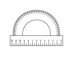 Protractor smart school instrument to measure angles in form of flat semicircle marked with degrees along curved edge, simple outline hand drawn illustration, doodle linear image vector