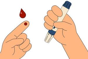 Finger for blood glucose testing using a lancet device. Scene of diabetes self-testing. Blood drop shown for glucose monitoring. Concept of diabetes mellitus, chronic illness and healthcare. vector