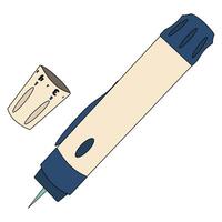 Open mechanical lancing device with visible lancet and detached cap. Used for adjusting puncture depth to obtain blood for glucose testing. Concept of diabetes mellitus, chronic illness, healthcare. vector