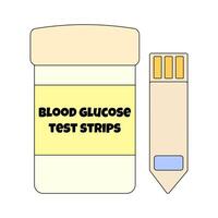 Isolated cartoon illustration of a container labeled - blood glucose test strips - with one test strip placed beside it on white background. Concept of diabetes mellitus, chronic illness, healthcare. vector