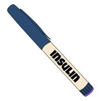 Closeup cartoon illustration of a closed insulin pen injector with a cap and labeled INSULIN. Concept of diabetes mellitus, chronic illness, and healthcare. Isolated on a white background. vector