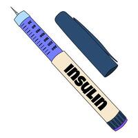 Cartoon illustration of a mechanical insulin pen injector with visible needle, dosage markings, and detached cap on a white background. Concept of diabetes mellitus, chronic illness, and healthcare. vector