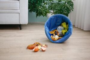The garbage from the trash can on the floor in the house. photo