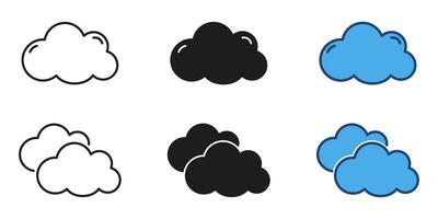 Cloud weather line and solid icon set. Illustrations of different cloud types with various weather conditions like rain and sun. Meteorology symbol collection. isolated illustration vector