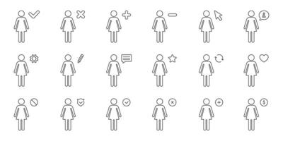 Female User Interface Icons Set. User Interaction, Settings, Communication, And Profile Management Outline Symbol Collection. Editable Stroke. Isolated Illustration vector