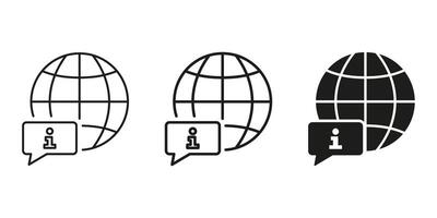 Globe With Information Speech Bubble Icon Set. Global Communication, Worldwide Information Access, And International News Outline And Silhouette Symbol Collection. Isolated Illustration vector