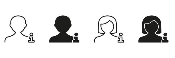User Profile Information Icon Set. User Identification And Personal Data Outline And Silhouette Symbol Collection. Male And Female Avatar With Info Symbol. Isolated Illustration vector