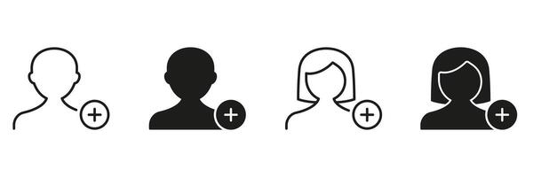 User Profile Addition Icons Set. User Account Creation And Contact Addition Outline And Silhouette Symbol Collection. Social Media And Networking Interface Elements. Isolated Illustration vector