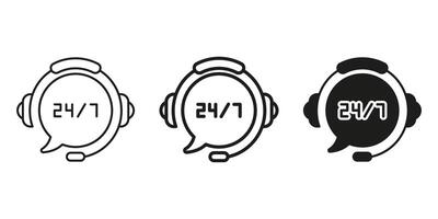 24 7 Customer Support Headset Icon Set. Round-The-Clock Service And Assistance Outline And Silhouette Symbol Collection. Call Center And Help Desk Availability. Isolated Illustration vector