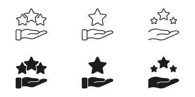 Hand Holding Stars Icon Set. Customer Satisfaction, Quality Assurance, And Excellence Representation Outline And Silhouette Symbols. Service Rating And Feedback. Isolated Illustration vector