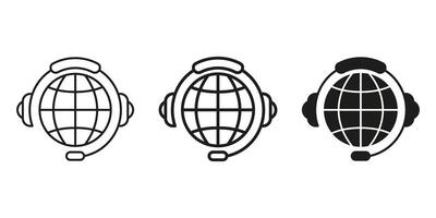 Global Customer Support Headset Icon Set. Worldwide Communication And Call Center Service Outline And Silhouette Symbol Collection. International Helpline Assistance. Isolated Illustration vector